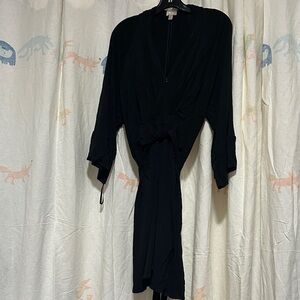 Black Rayon V Neck Zip Front  Dress - Women Dresses Midi 14